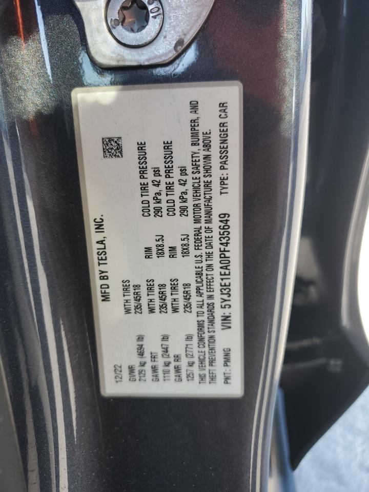 2023 TESLA MODEL 3  VIN:5YJ3E1EA0PF435649