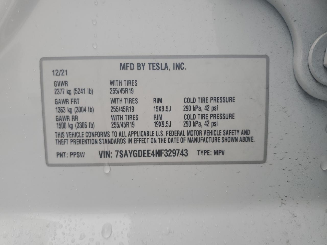 2022 TESLA MODEL Y  VIN:7SAYGDEE4NF329743
