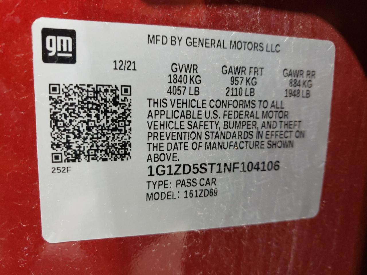 2022 CHEVROLET MALIBU LT VIN:1G1ZD5ST1NF104106