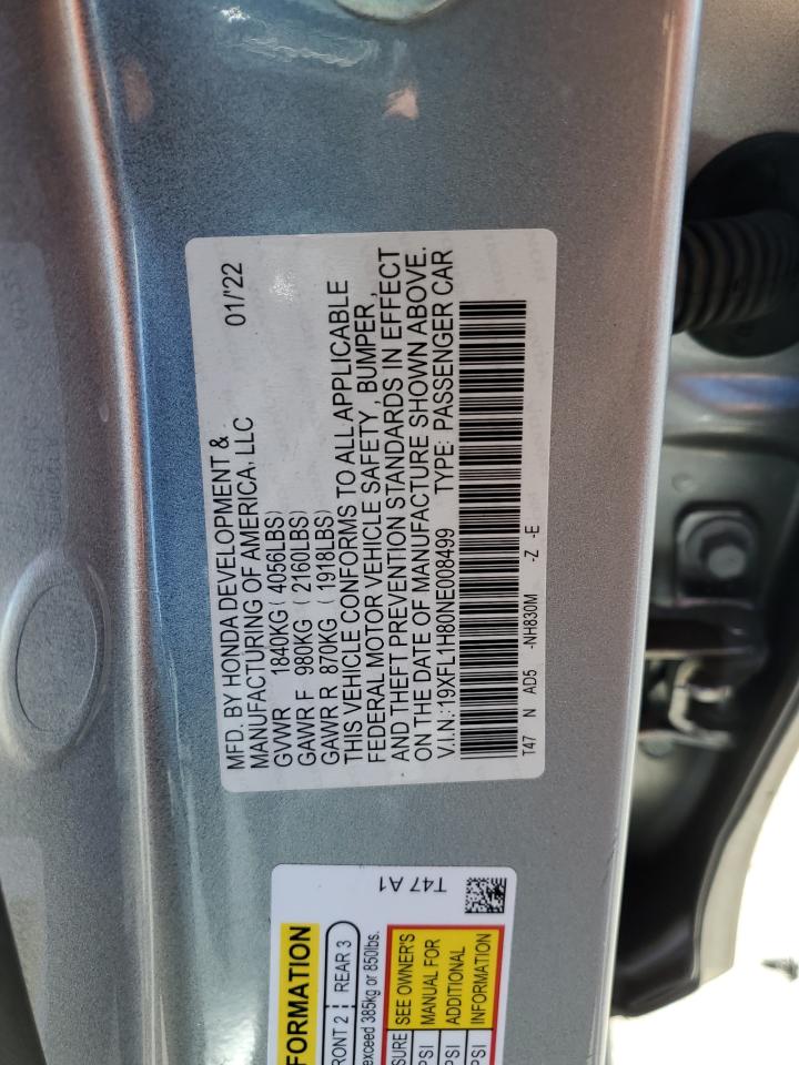 2022 HONDA CIVIC SPORT TOURING VIN:19XFL1H80NE008499