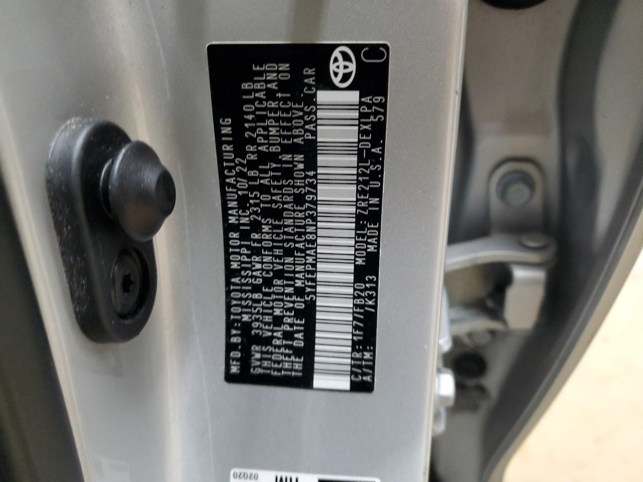 2022 TOYOTA COROLLA LE VIN:5YFEPMAE8NP379734