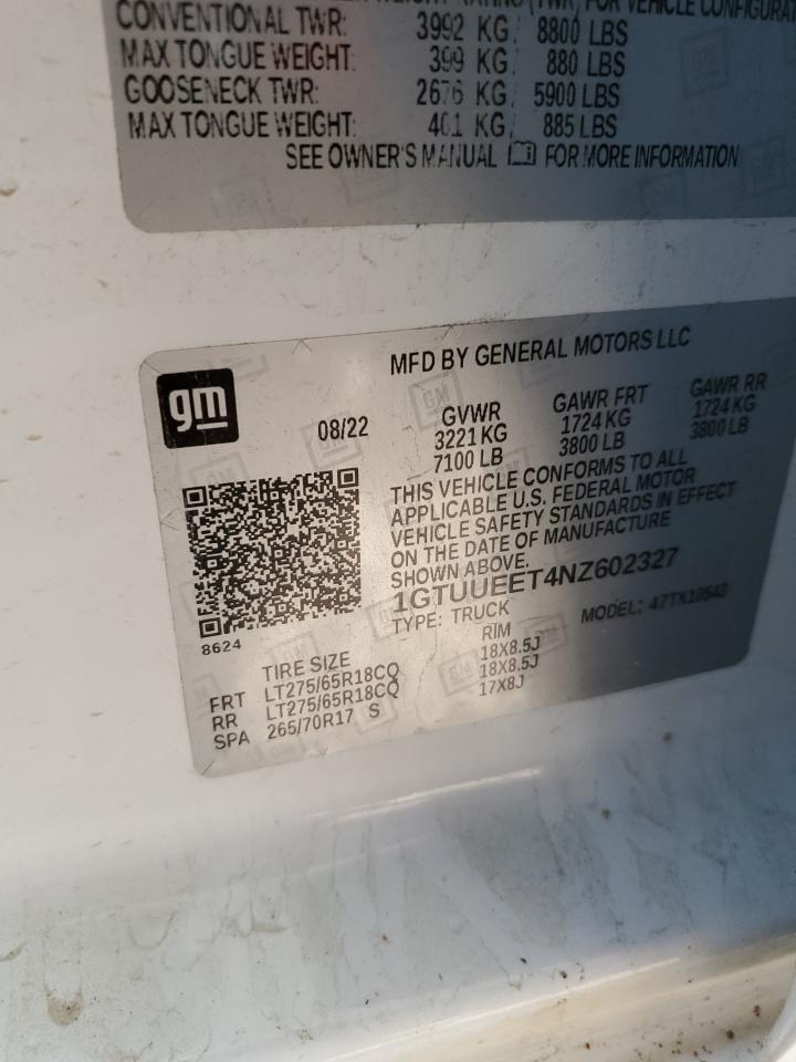 2022 GMC SIERRA K1500 AT4 VIN:1GTUUEET4NZ602327