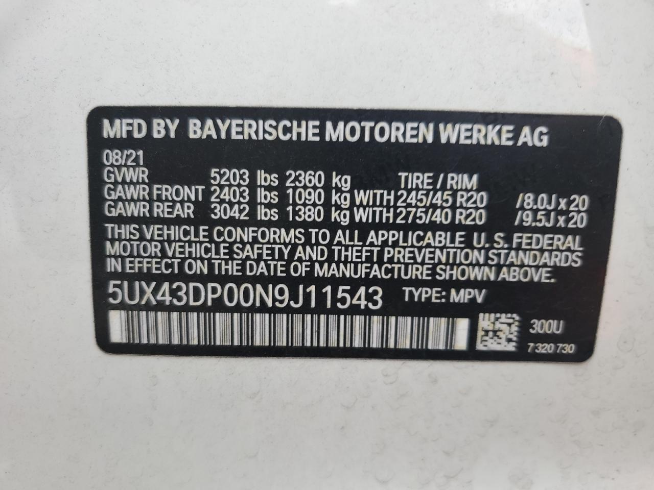2022 BMW X3 SDRIVE30I VIN:5UX43DP00N9J11543