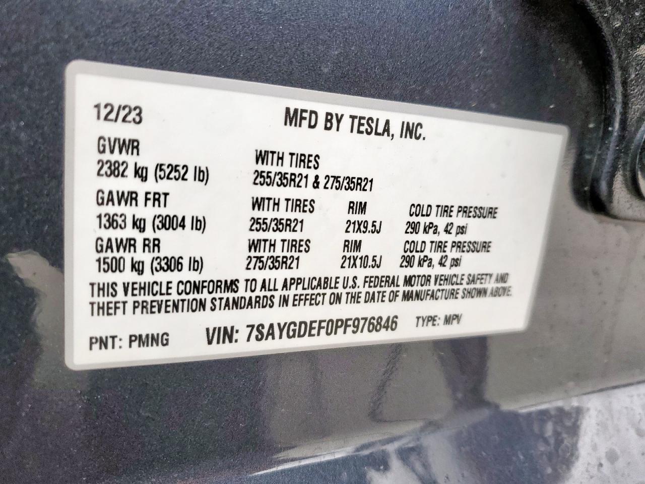 2023 TESLA MODEL Y  VIN:7SAYGDEF0PF976846