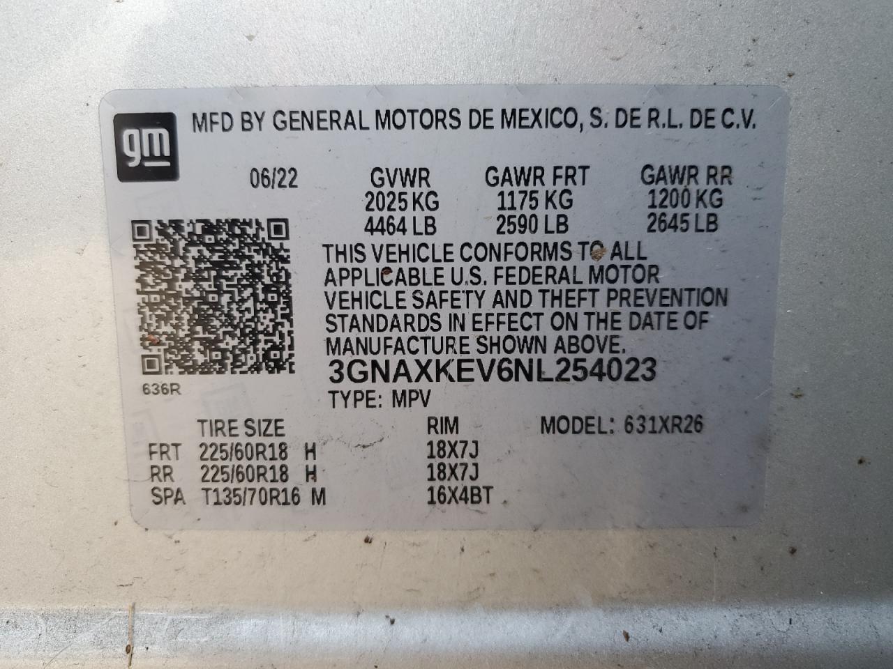 2022 CHEVROLET EQUINOX LT VIN:3GNAXKEV6NL254023
