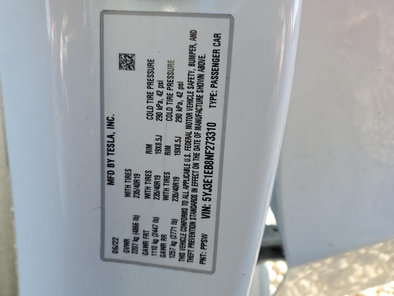 2022 TESLA MODEL 3  VIN:5YJ3E1EB8NF273310