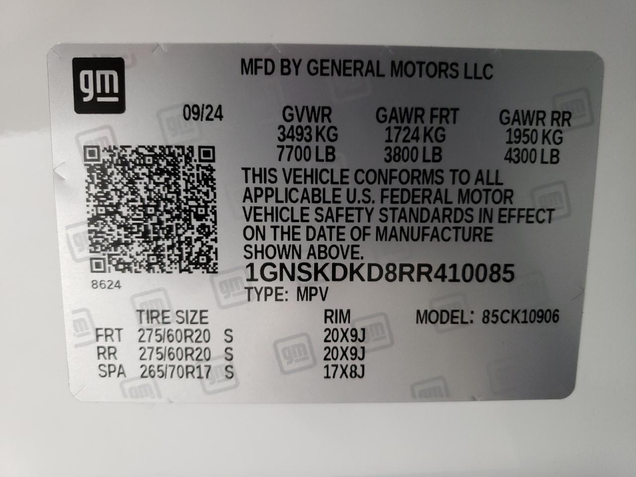 2024 CHEVROLET SUBURBAN K1500 Z71 VIN:1GNSKDKD8RR410085