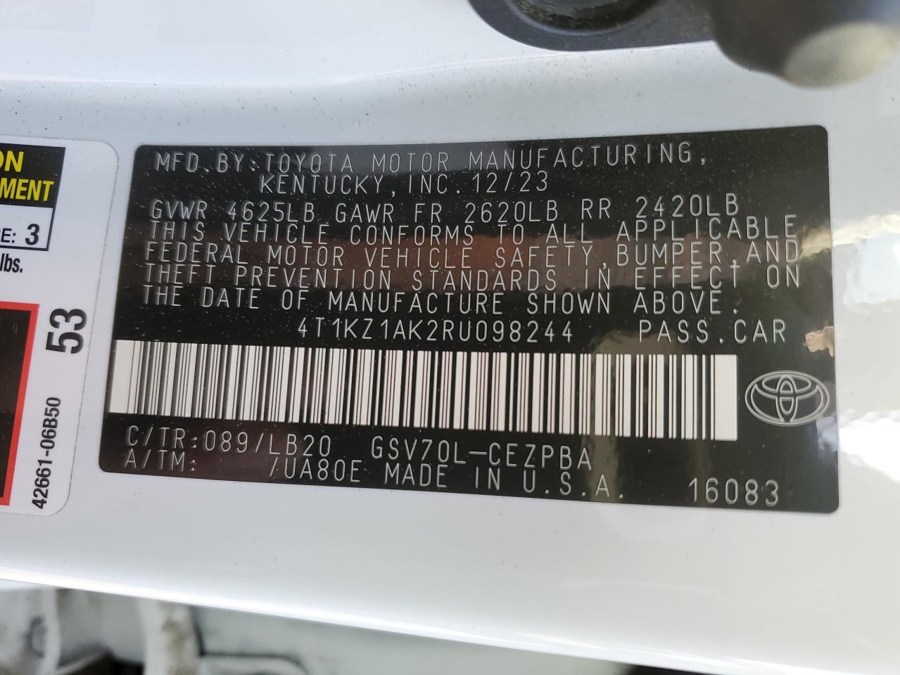 2024 TOYOTA CAMRY TRD VIN:4T1KZ1AK2RU098244