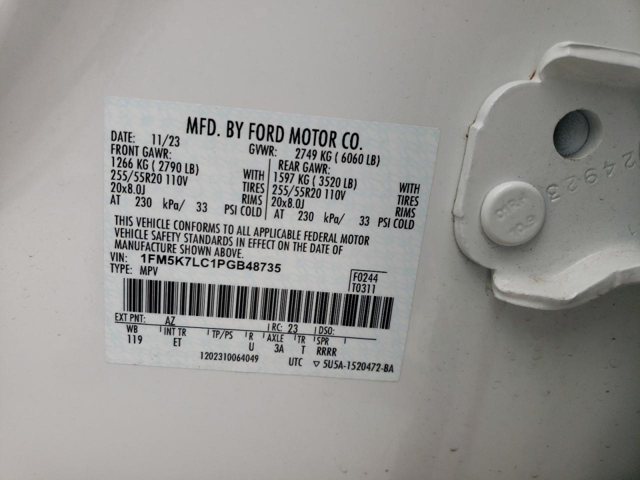 2023 FORD EXPLORER KING RANCH VIN:1FM5K7LC1PGB48735
