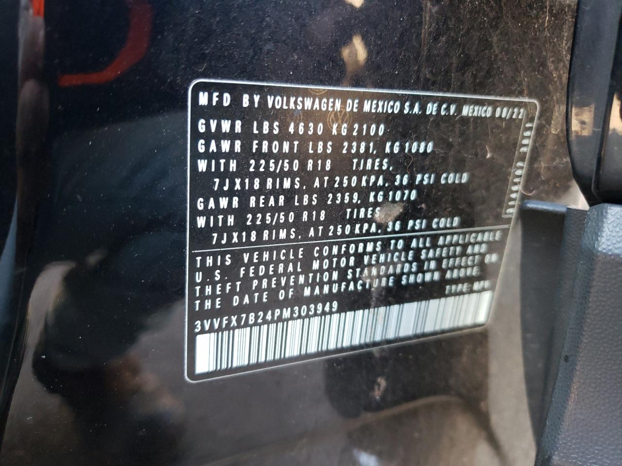2023 VOLKSWAGEN TAOS S VIN:3VVFX7B24PM303949