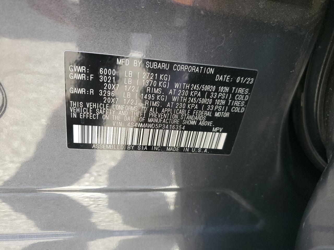 2023 SUBARU ASCENT TOURING VIN:4S4WMAWD5P3416354