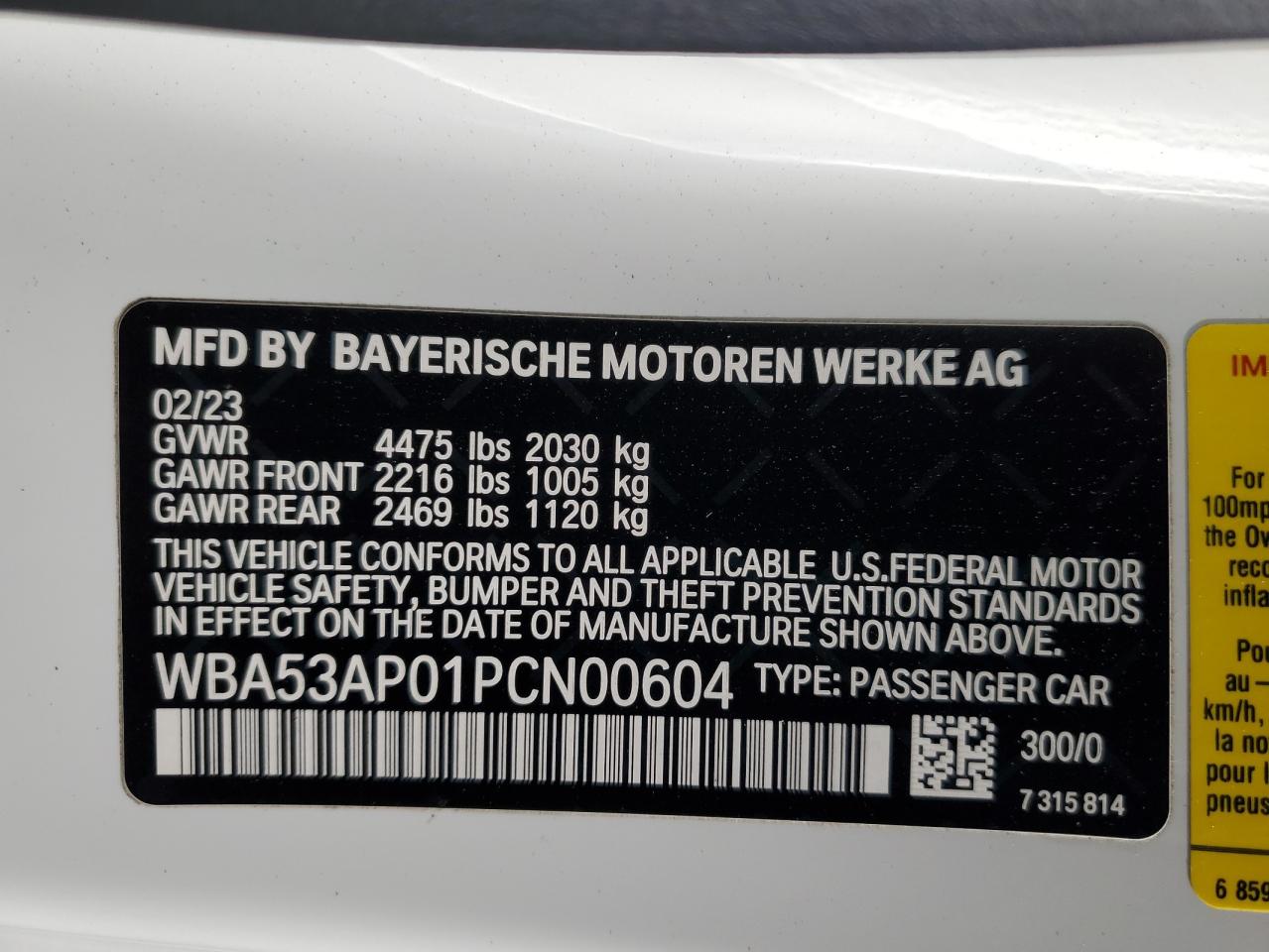 2023 BMW 430I  VIN:WBA53AP01PCN00604