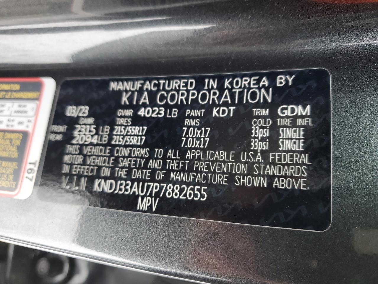 2023 KIA SOUL EX VIN:KNDJ33AU7P7882655