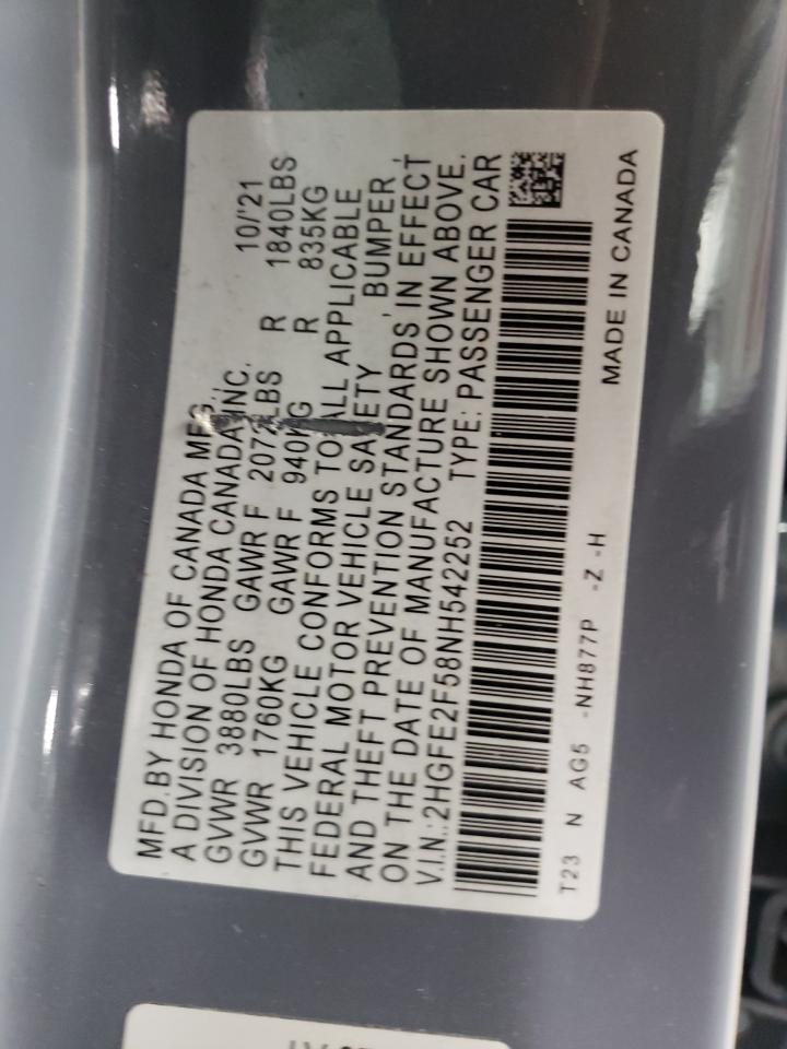 2022 HONDA CIVIC SPORT VIN:2HGFE2F58NH542252