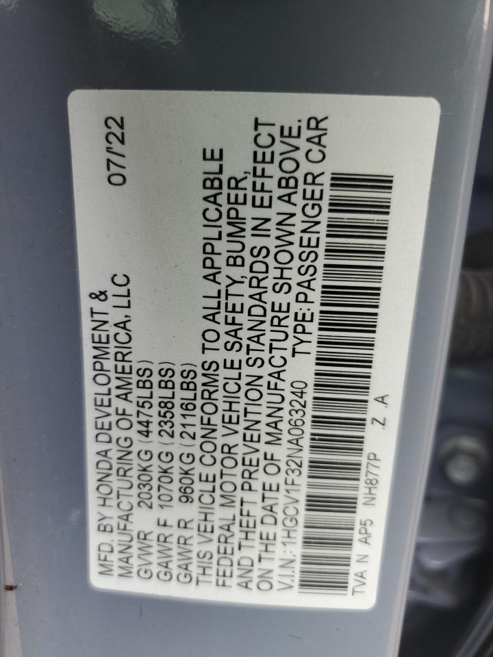 2022 HONDA ACCORD SPORT VIN:1HGCV1F32NA063240