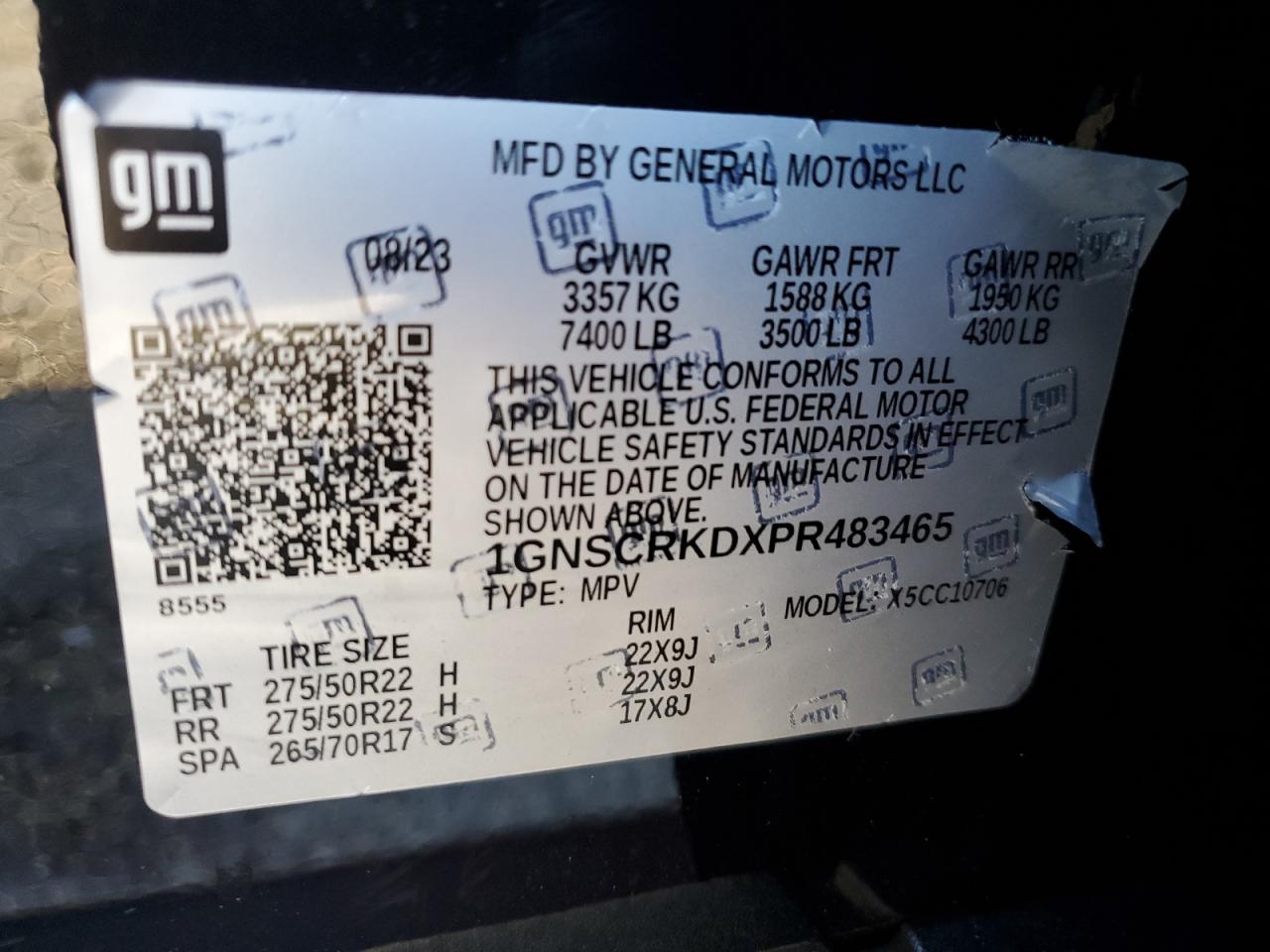 2023 CHEVROLET TAHOE C1500 RST VIN:1GNSCRKDXPR483465