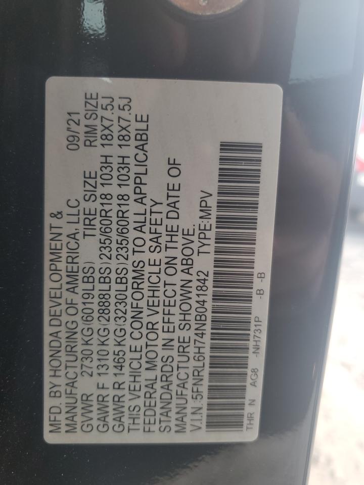 2022 HONDA ODYSSEY EXL VIN:5FNRL6H74NB041842