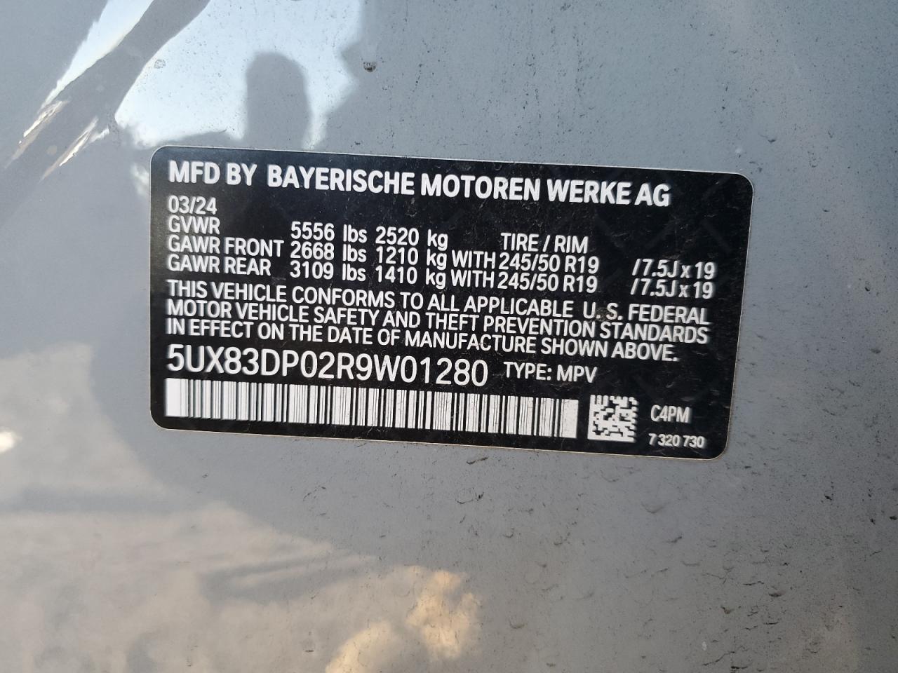 2024 BMW X3 M40I VIN:5UX83DP02R9W01280