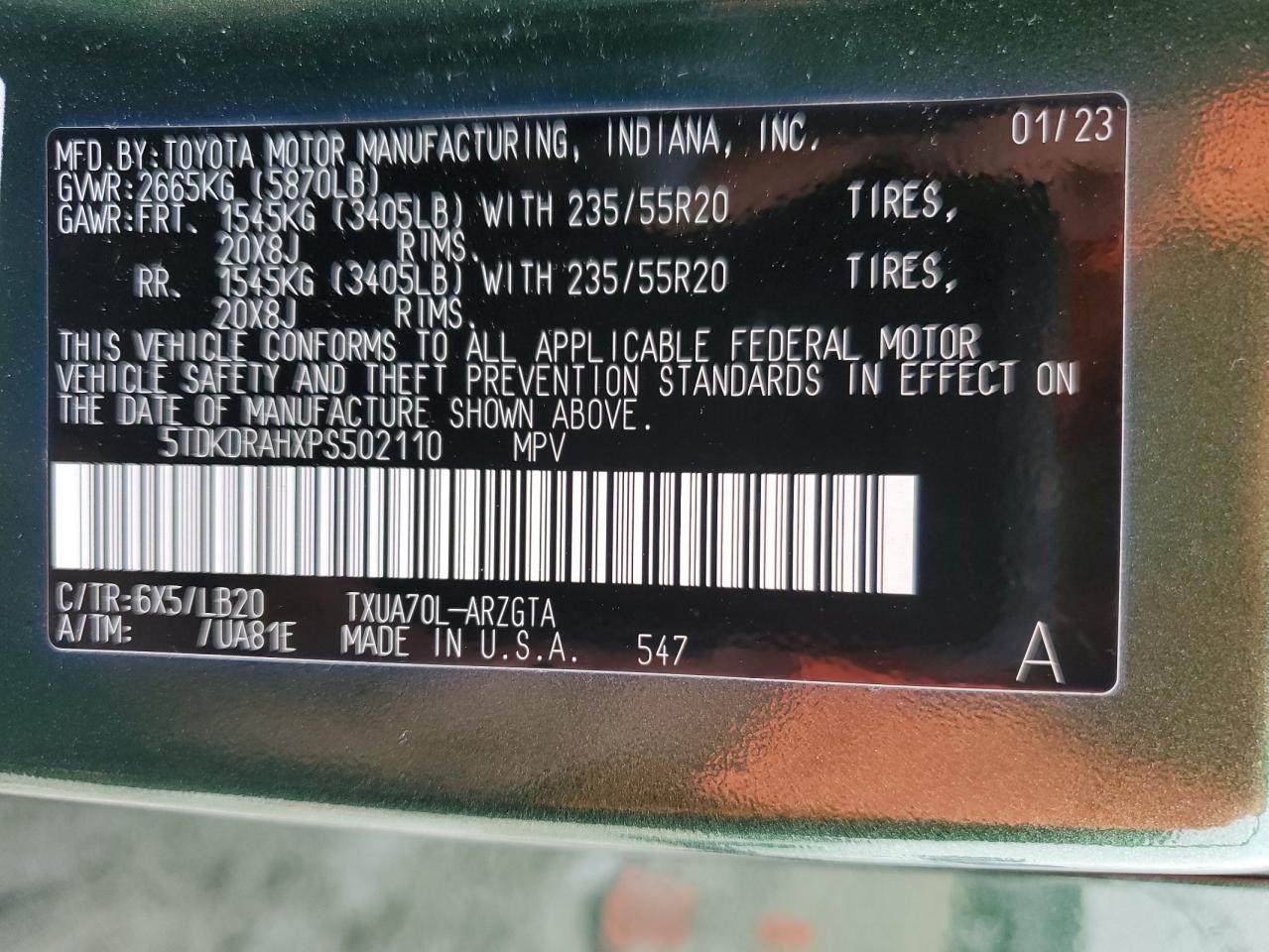 2023 TOYOTA HIGHLANDER L VIN:5TDKDRAHXPS502110