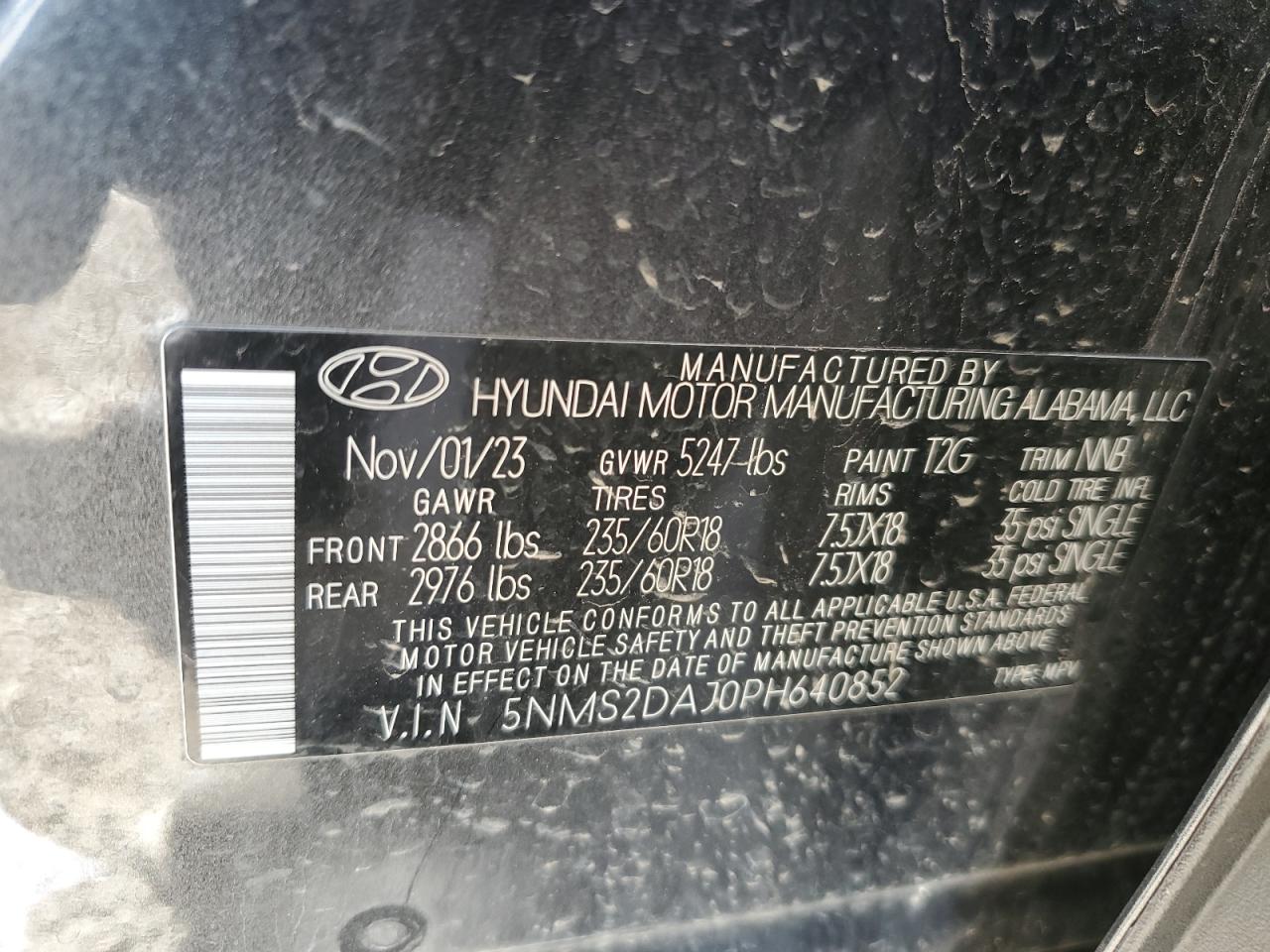 2023 HYUNDAI SANTA FE SEL VIN:5NMS2DAJ0PH640852