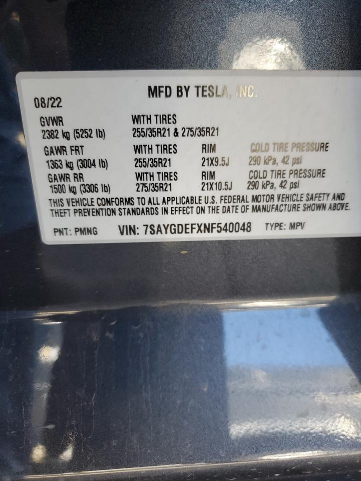 2022 TESLA MODEL Y  VIN:7SAYGDEFXNF540048