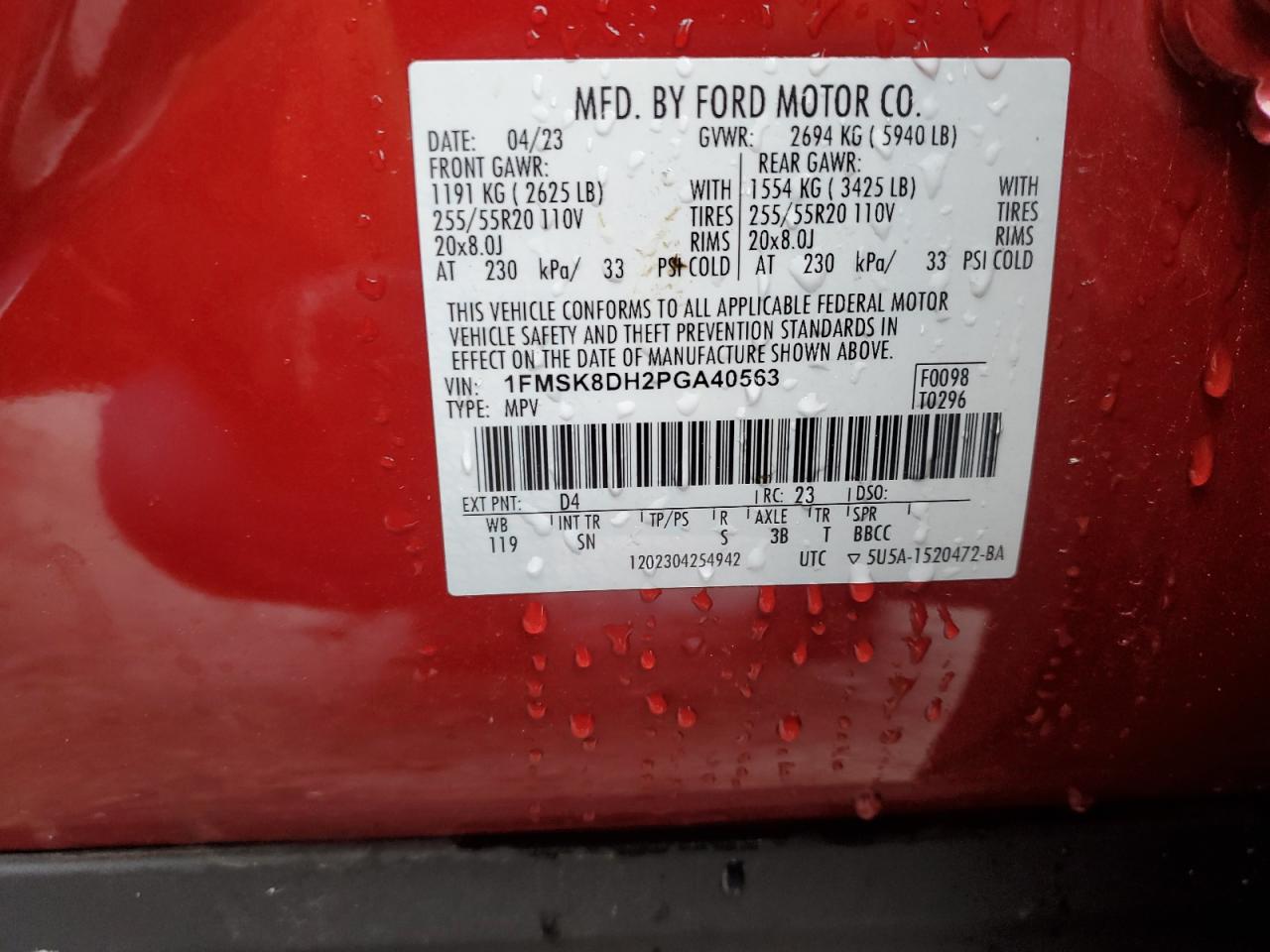 2023 FORD EXPLORER XLT VIN:1FMSK8DH2PGA40563