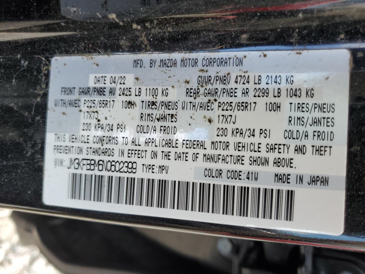 2022 MAZDA CX-5 SELECT VIN:JM3KFBBM6N0602399