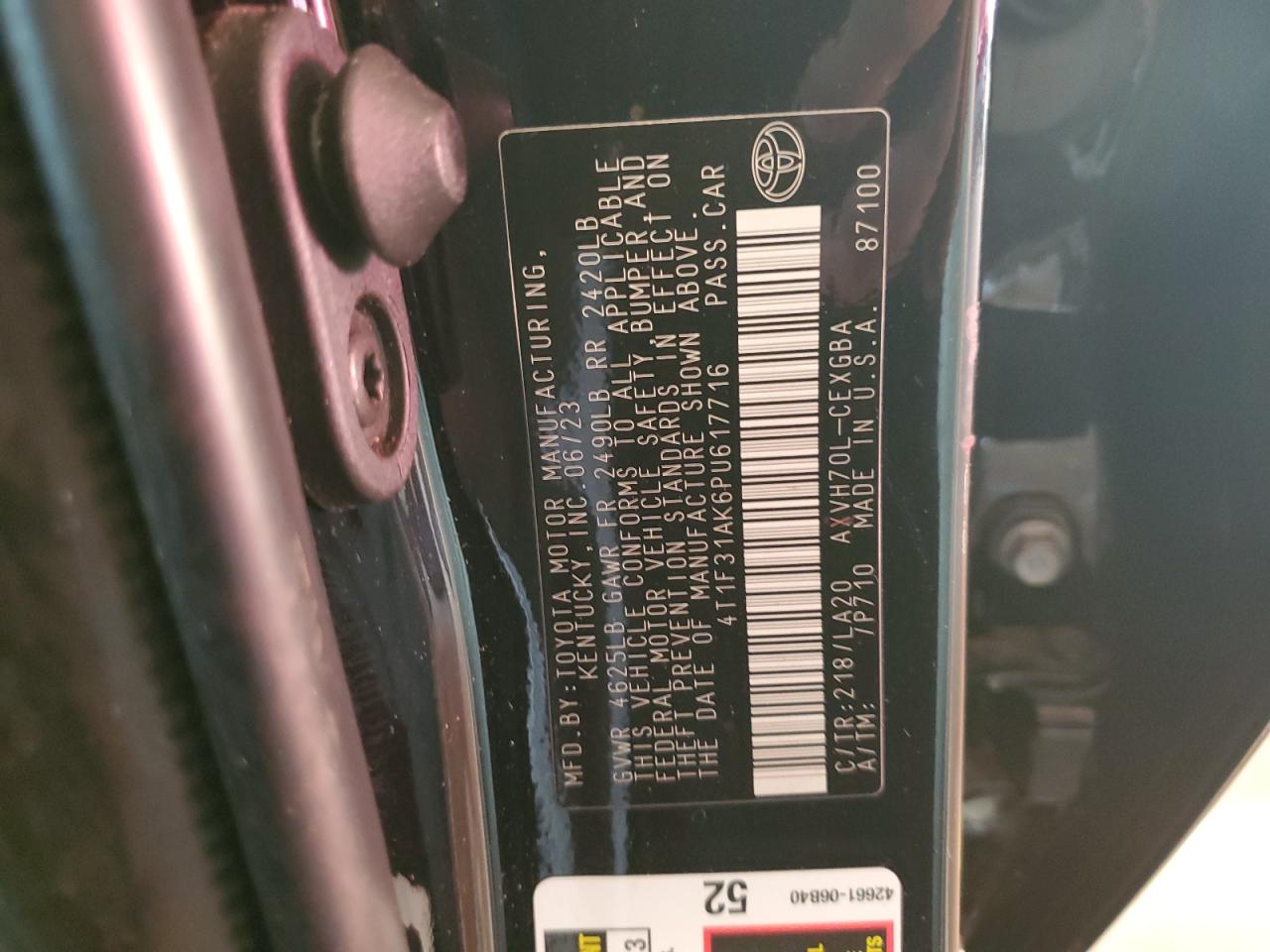 2023 TOYOTA CAMRY XLE VIN:4T1F31AK6PU617716