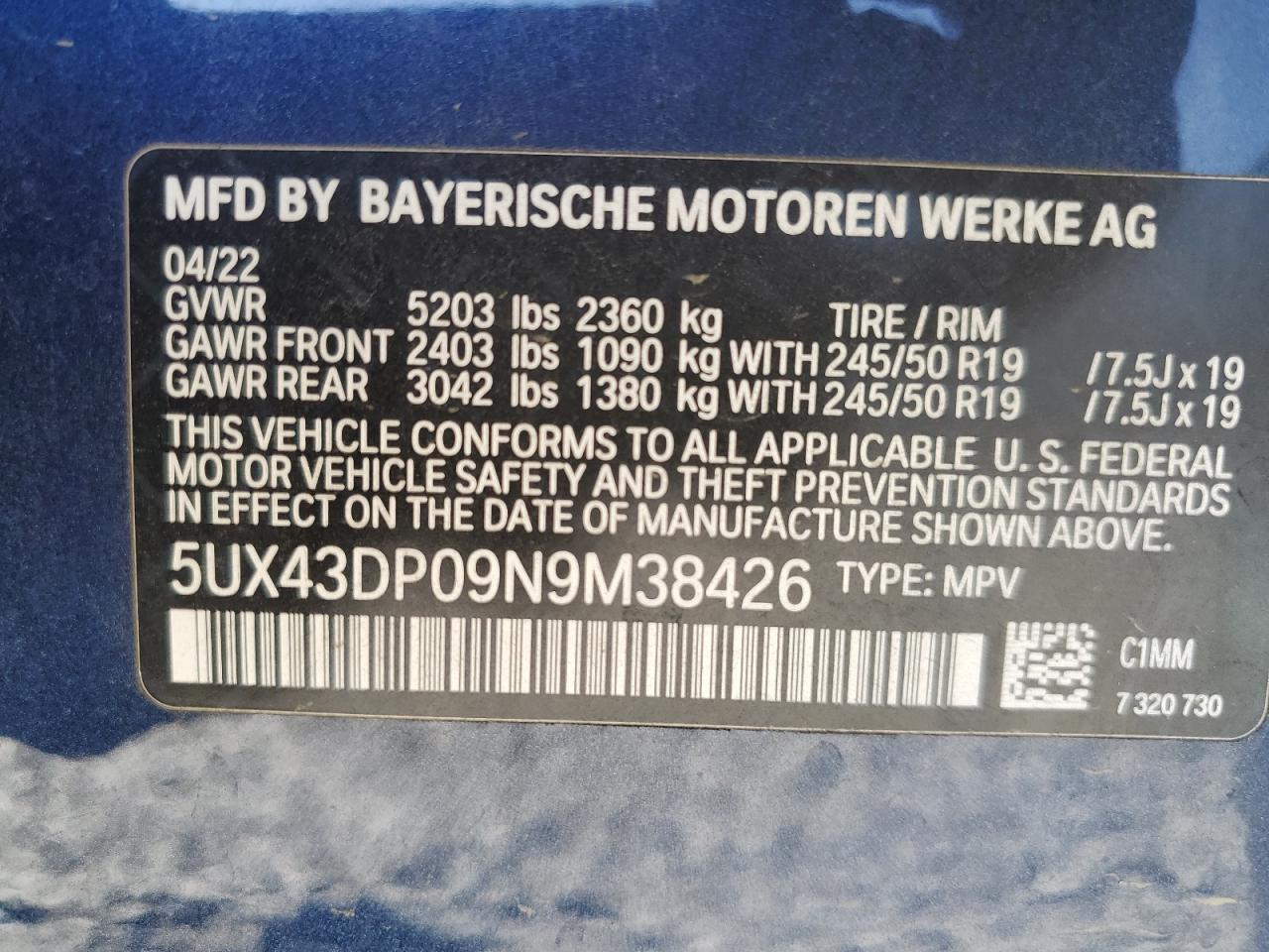 2022 BMW X3 SDRIVE30I VIN:5UX43DP09N9M38426