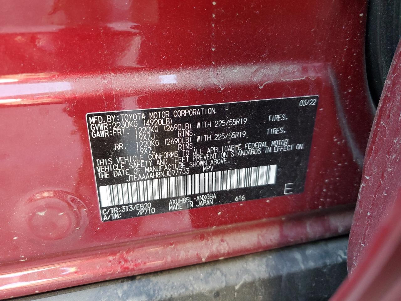 2022 TOYOTA VENZA LE VIN:JTEAAAAH8NJ097733