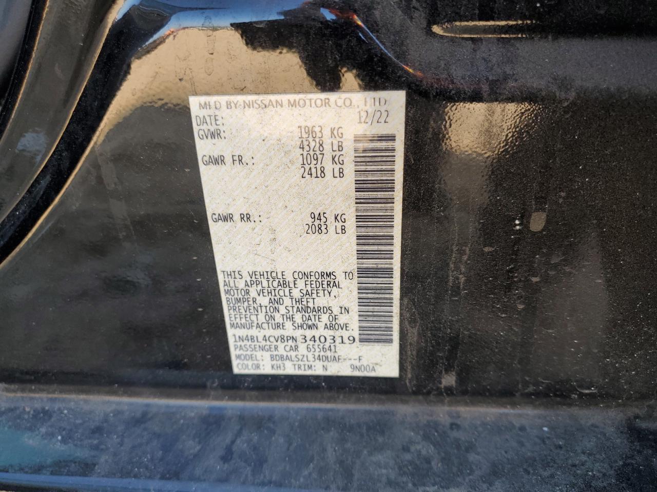 2023 NISSAN ALTIMA SR VIN:1N4BL4CV8PN340319