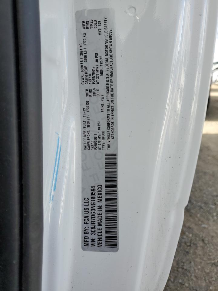 2022 RAM 1500 CLASSIC TRADESMAN VIN:3C6JR7DG3NG180594