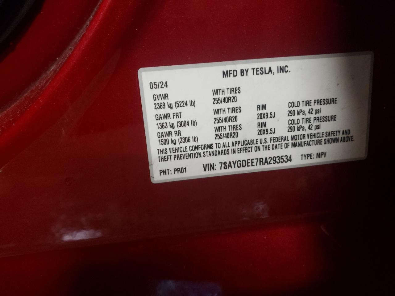 2024 TESLA MODEL Y  VIN:7SAYGDEE7RA293534