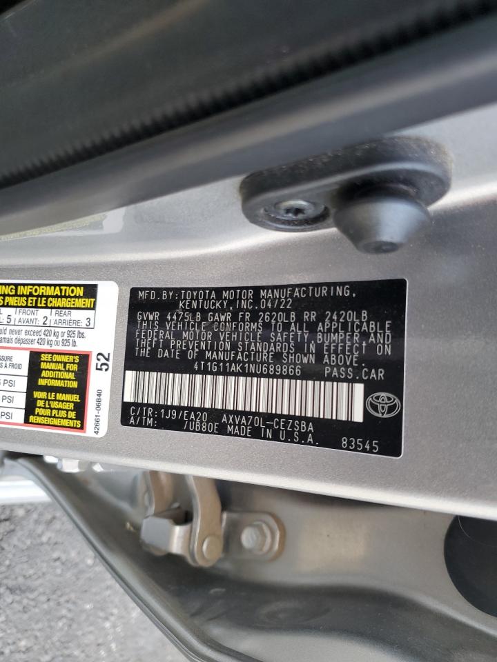 2022 TOYOTA CAMRY SE VIN:4T1G11AK1NU689866