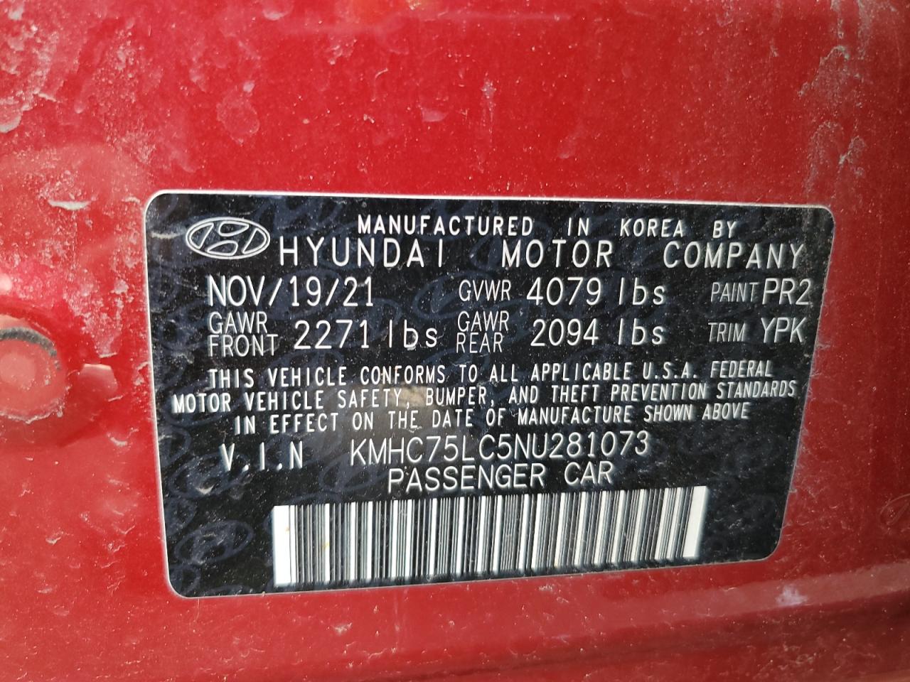 2022 HYUNDAI IONIQ SE VIN:KMHC75LC5NU281073