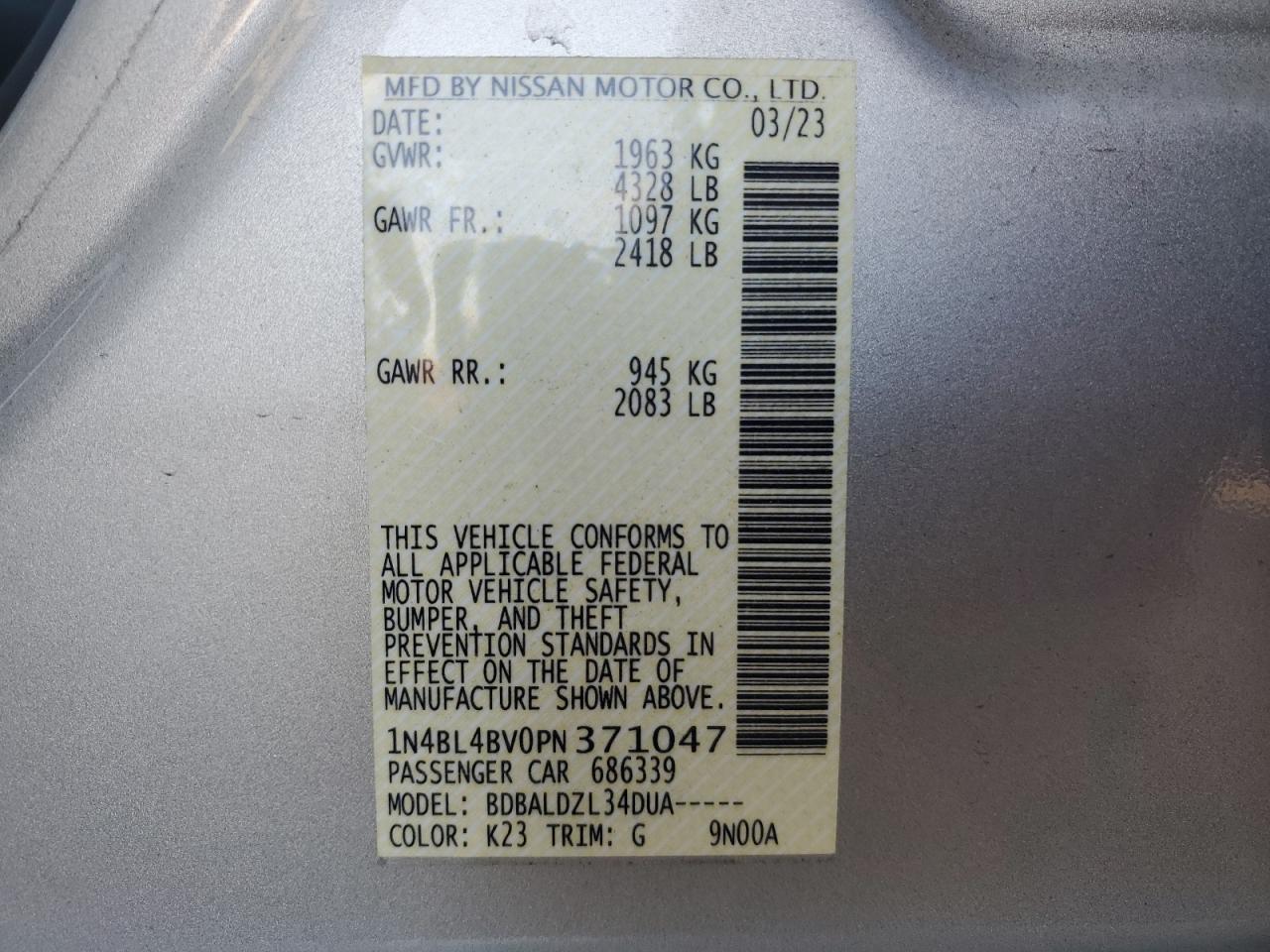 2023 NISSAN ALTIMA S VIN:1N4BL4BV0PN371047