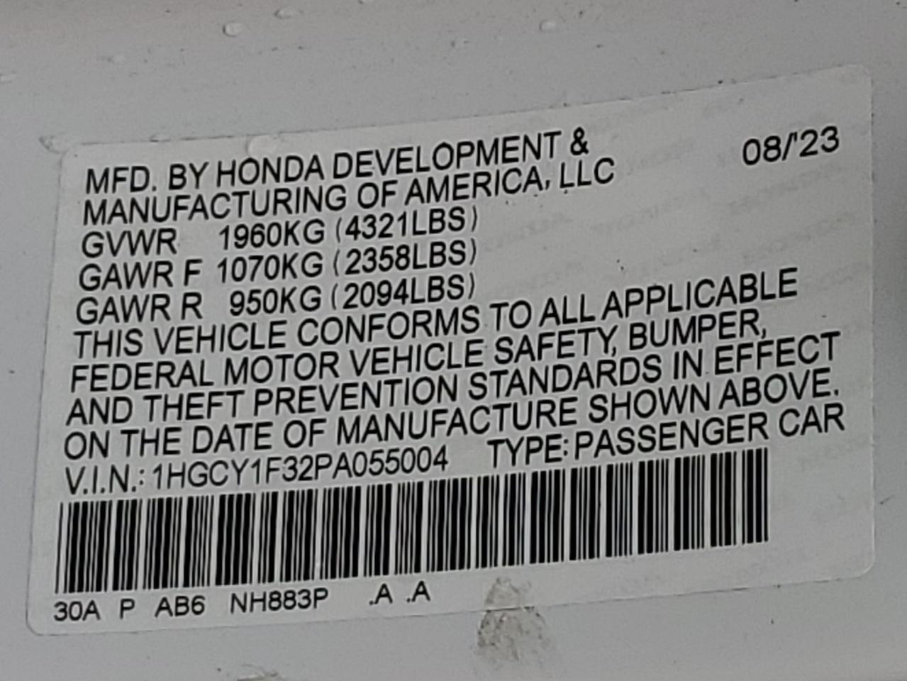 2023 HONDA ACCORD EX VIN:1HGCY1F32PA055004