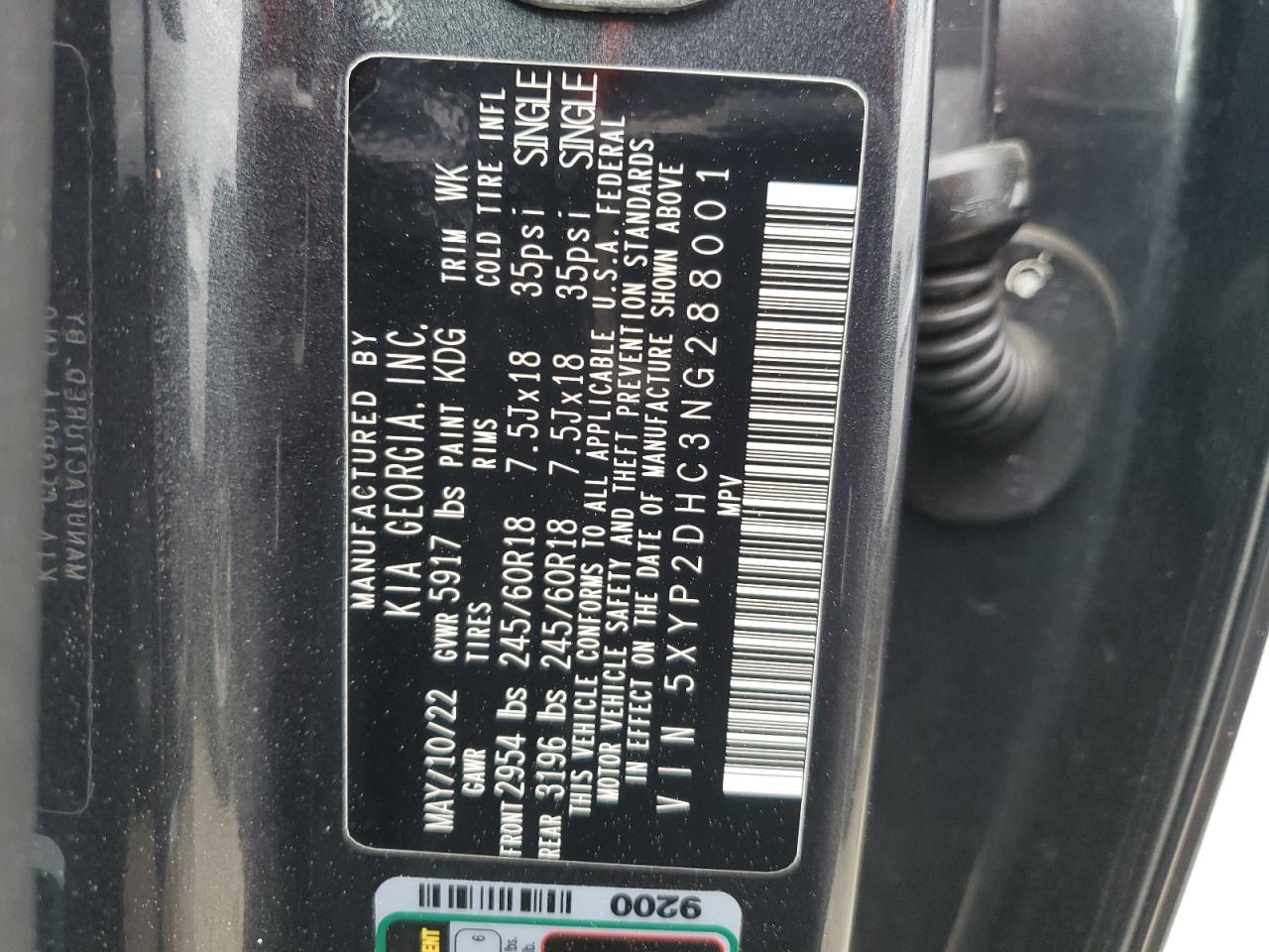 2022 KIA TELLURIDE LX VIN:5XYP2DHC3NG288001