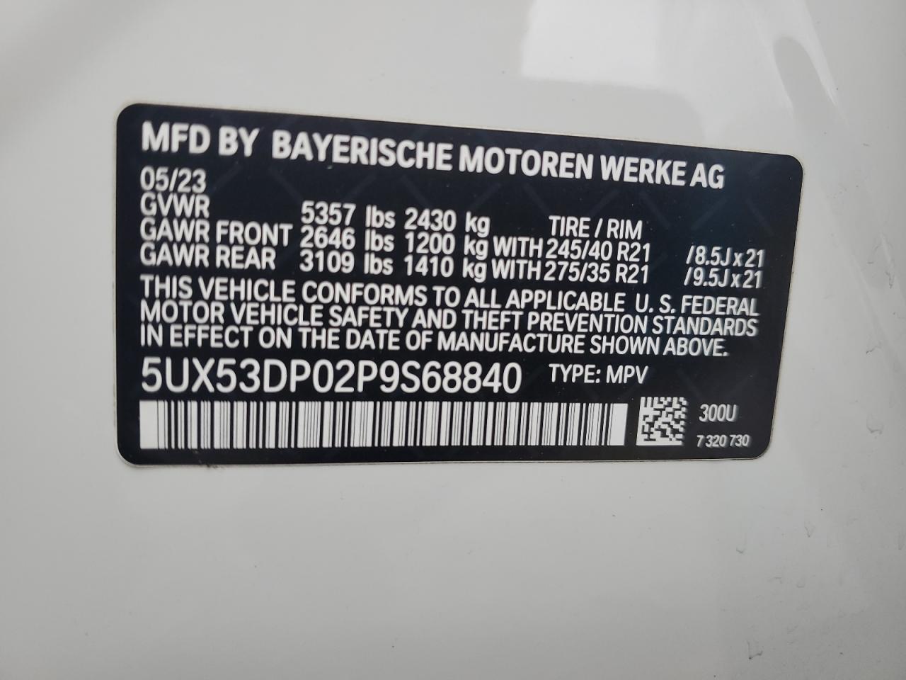 2023 BMW X3 XDRIVE30I VIN:5UX53DP02P9S68840