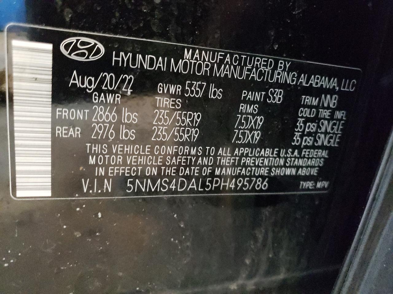 2023 HYUNDAI SANTA FE LIMITED VIN:5NMS4DAL5PH495786