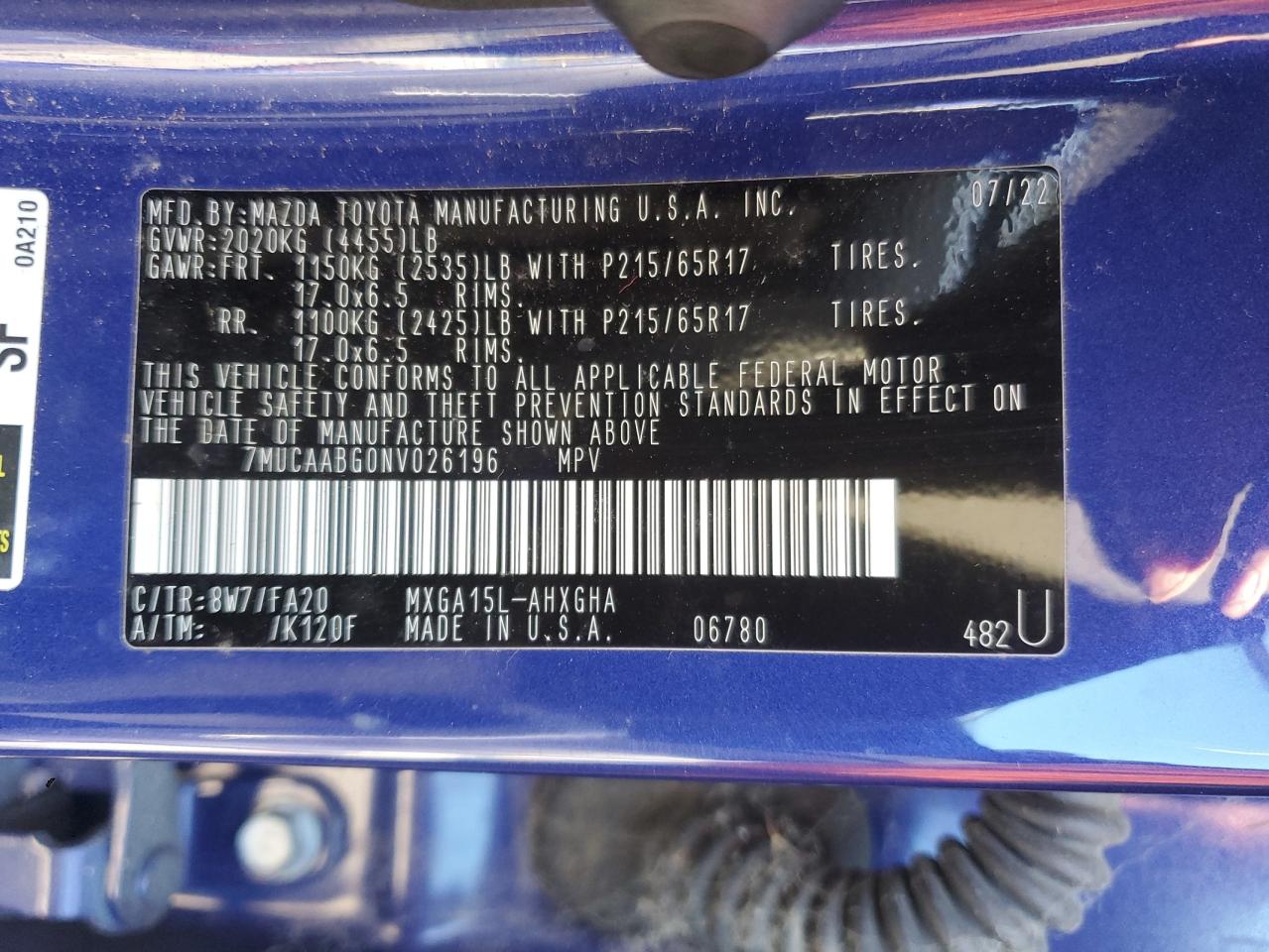 2022 TOYOTA COROLLA CROSS LE VIN:7MUCAABG0NV026196