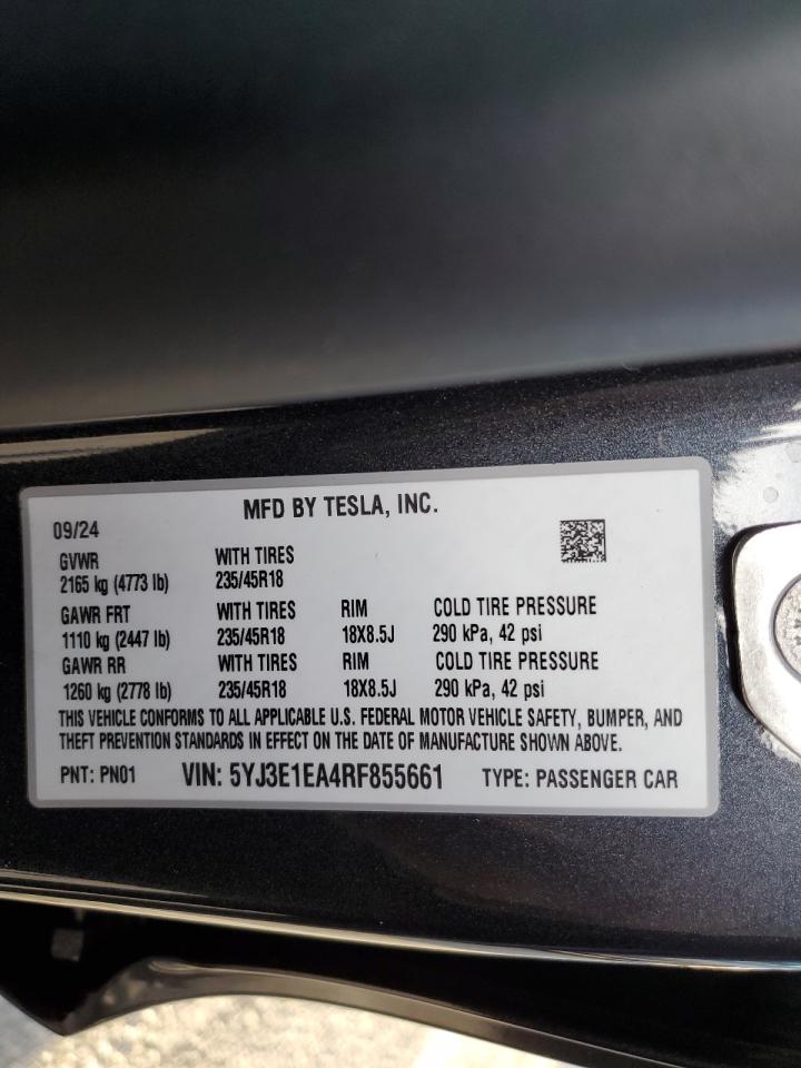 2024 TESLA MODEL 3  VIN:5YJ3E1EA4RF855661