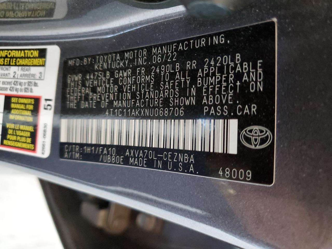 2022 TOYOTA CAMRY LE VIN:4T1C11AKXNU068706