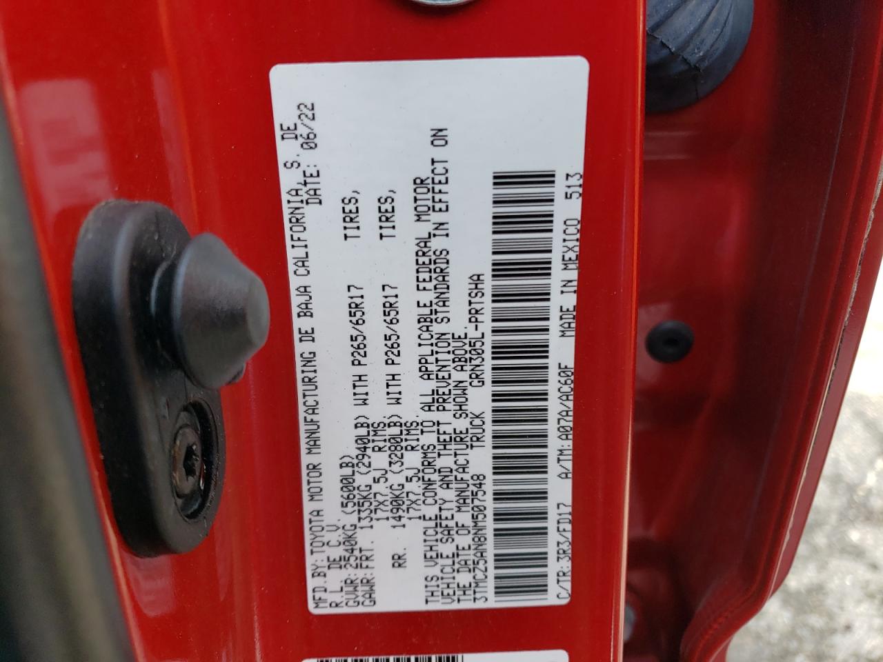 2022 TOYOTA TACOMA DOUBLE CAB VIN:3TMCZ5AN8NM507548