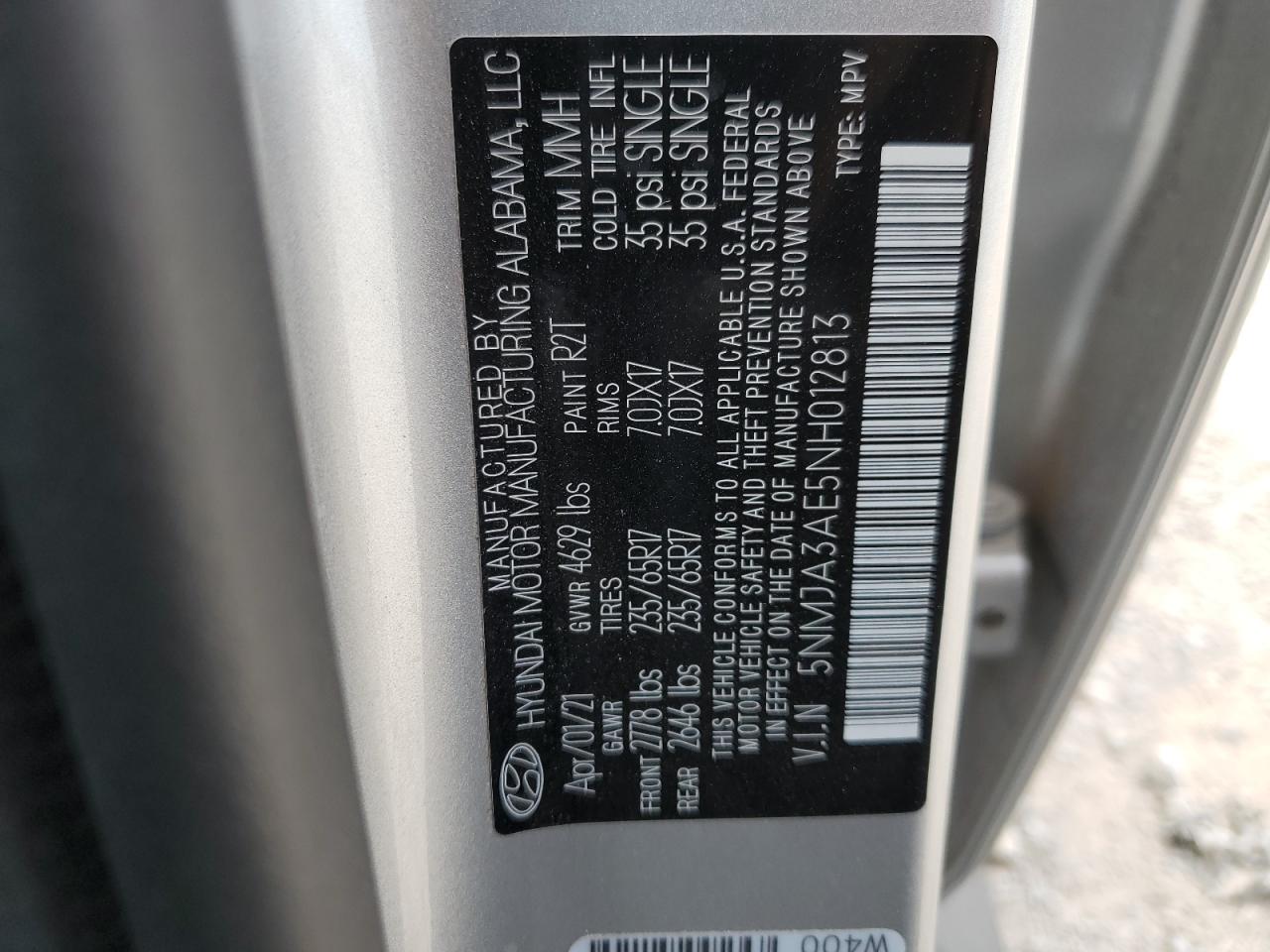 2022 HYUNDAI TUCSON SE VIN:5NMJA3AE5NH012813