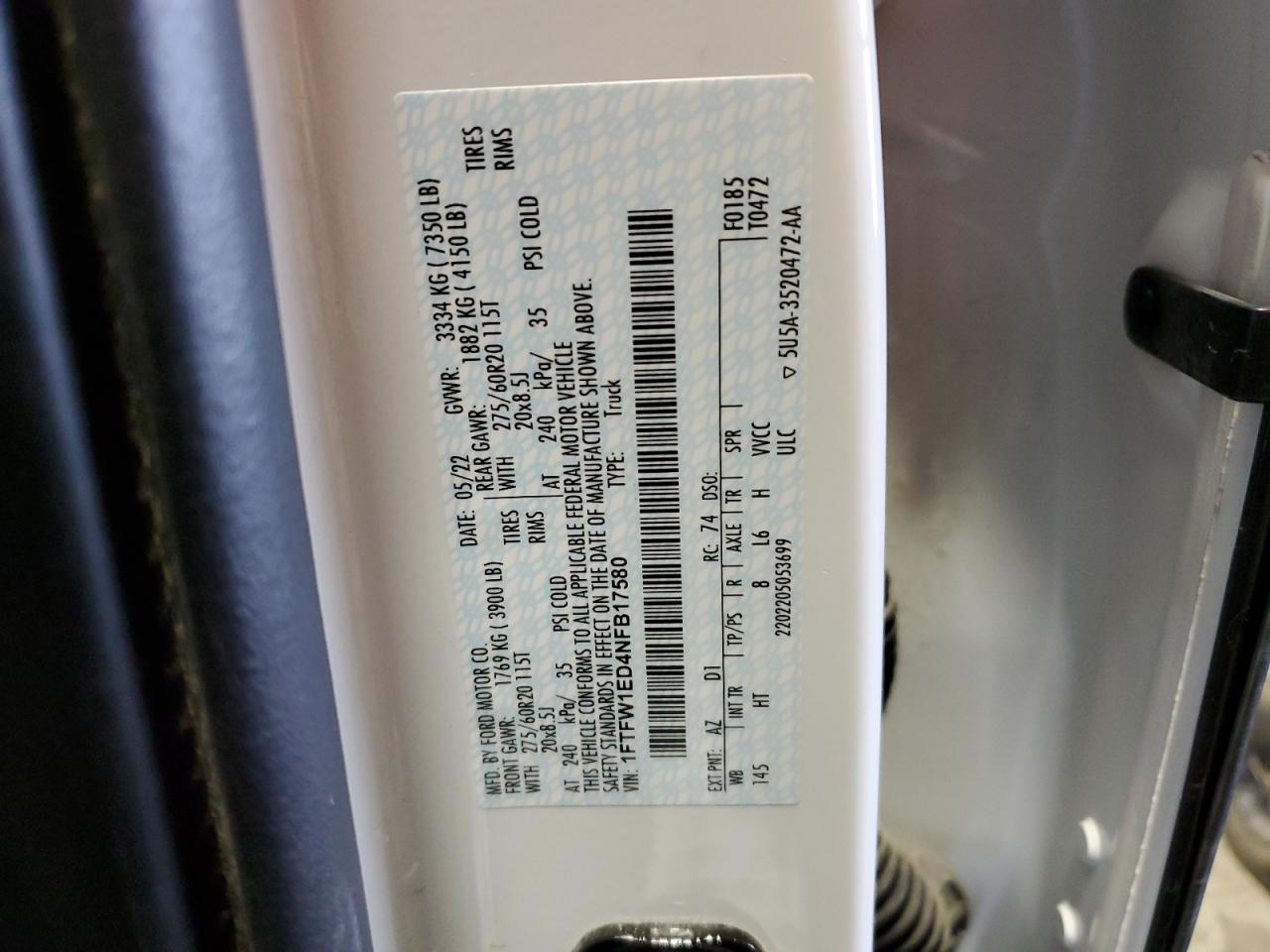 2022 FORD F150 SUPERCREW VIN:1FTFW1ED4NFB17580