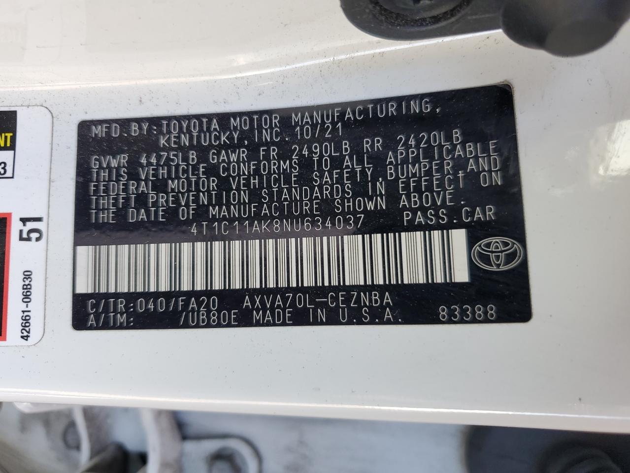 2022 TOYOTA CAMRY LE VIN:4T1C11AK8NU634037
