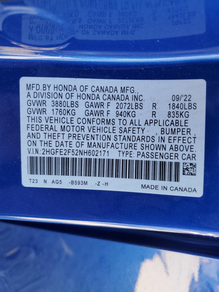 2022 HONDA CIVIC SPORT VIN:2HGFE2F52NH602171