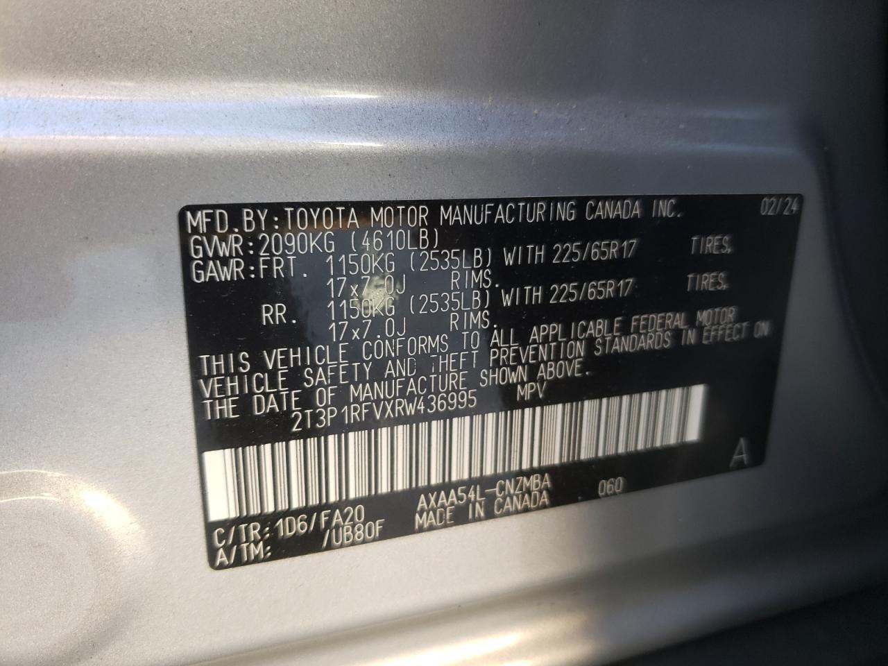 2024 TOYOTA RAV4 XLE VIN:2T3P1RFVXRW436995