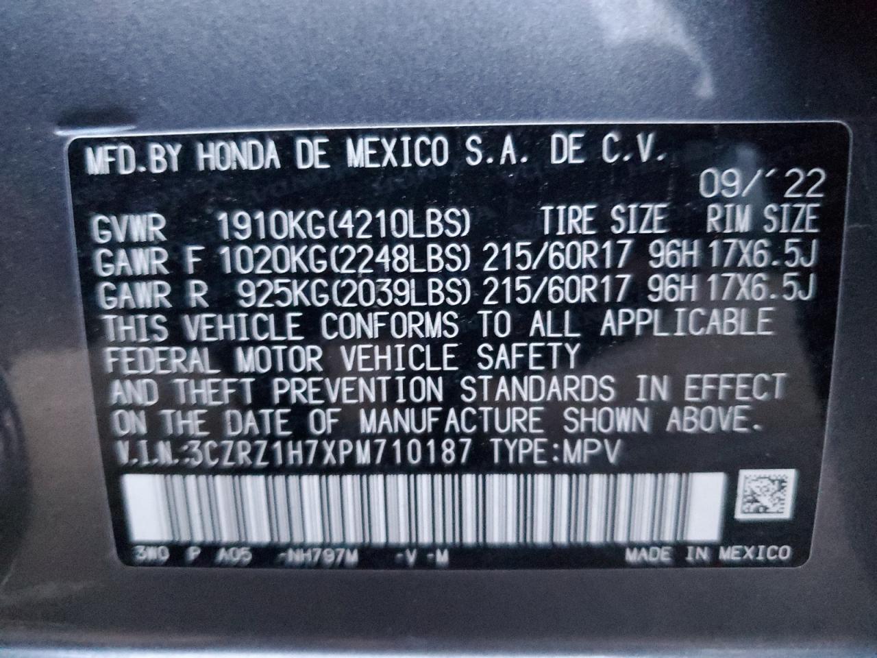 2023 HONDA HR-V EXL VIN:3CZRZ1H7XPM710187
